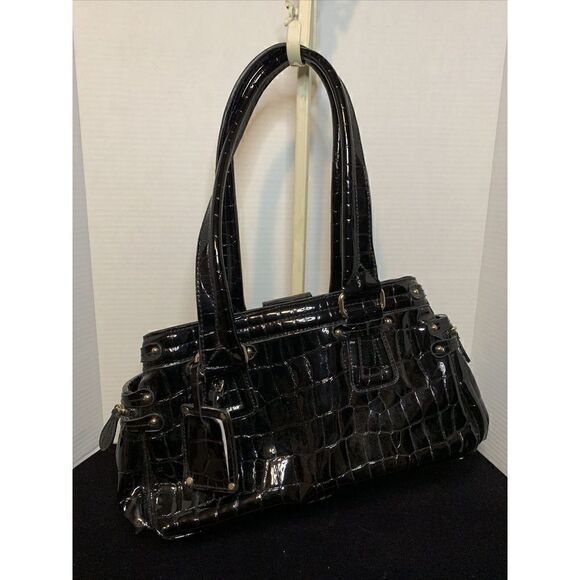 LIZ CLAIBORNE Croc Embossed Black Satchel Handbag Shoulder Bag Purse - Picture 1 of 4